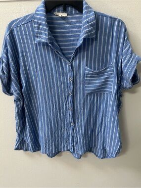 Easel Blue White Striped Cotton Button Front Shirt Medium
